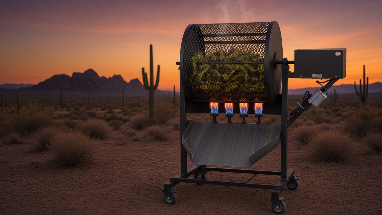 Propane chile roaster on a cart in the desert at dusk